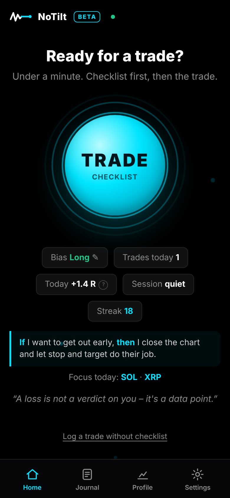 NoTilt home screen with the TRADE button